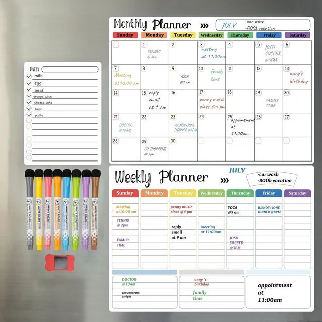 Main image of 3-Pack Magnetic Dry Erase Calendar Whiteboard Set for Fridge, Wall & Refrigerator Organisation Monthly, Weekly & Daily Planners Includes 8 Markers & Eraser