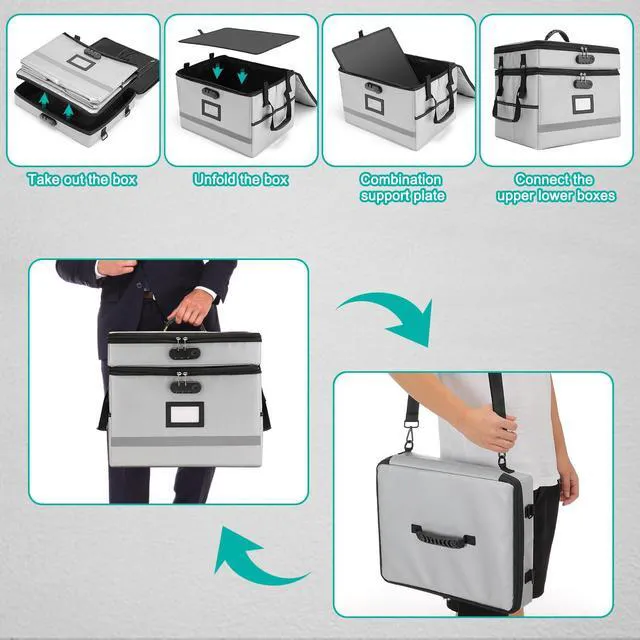 Alt view image 4 of 7 - Fireproof File Organizer with Lock, 2 Layer File Box with Combination Lock, Important Document Organizer Box with Lids, Portable File Folder Organizer with Handle