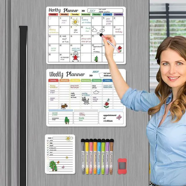 Alt view image 6 of 7 - 3-Pack Magnetic Dry Erase Calendar Whiteboard Set for Fridge, Wall & Refrigerator Organisation Monthly, Weekly & Daily Planners Includes 8 Markers & Eraser