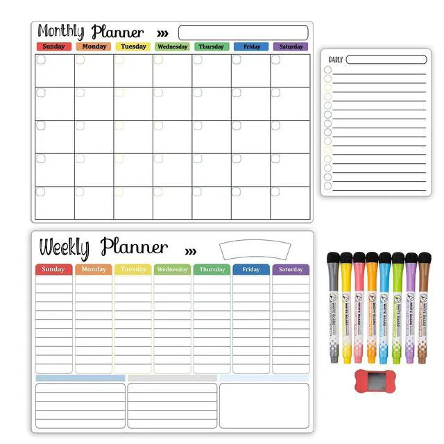Alt view image 7 of 7 - 3-Pack Magnetic Dry Erase Calendar Whiteboard Set for Fridge, Wall & Refrigerator Organisation Monthly, Weekly & Daily Planners Includes 8 Markers & Eraser