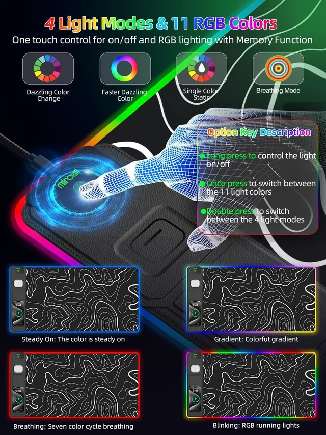 Alt view image 4 of 7 - Mouse Pad with Foldable Phone Holder & Wireless Charger, XXL RGB Gaming Mousepad 31.5"x15.8" Large Desk Mat for Keyboard, 11 Colors 5 Modes