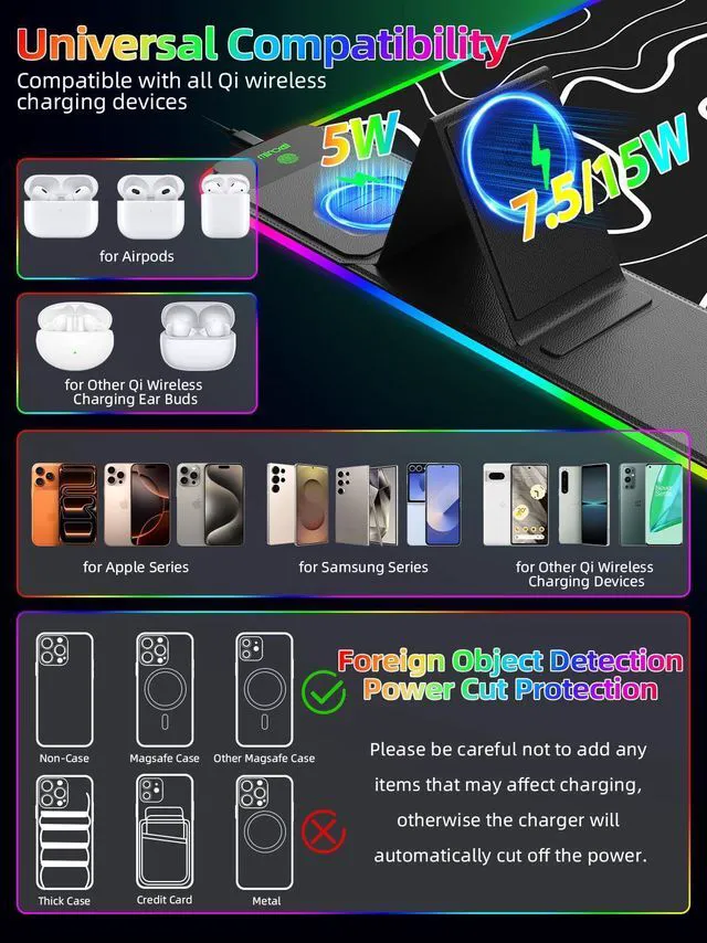 Alt view image 3 of 7 - Mouse Pad with Foldable Phone Holder & Wireless Charger, XXL RGB Gaming Mousepad 31.5"x15.8" Large Desk Mat for Keyboard, 11 Colors 5 Modes