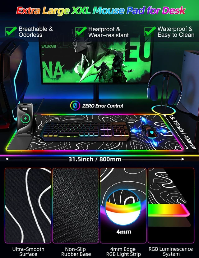Alt view image 5 of 7 - Mouse Pad with Foldable Phone Holder & Wireless Charger, XXL RGB Gaming Mousepad 31.5"x15.8" Large Desk Mat for Keyboard, 11 Colors 5 Modes