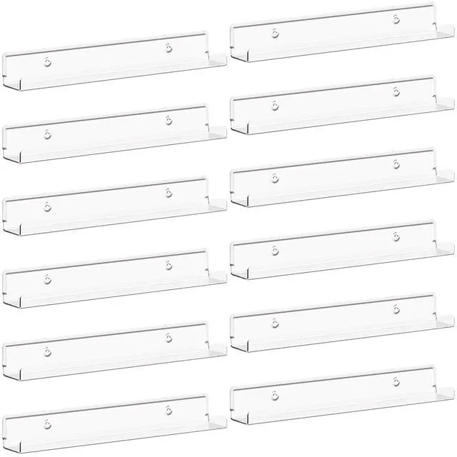 Main image of Narrow Acrylic Floating Shelves for Vinyl Record 12", Clear 12 Pack Wall Shelf for Nail Polish, Book, Picture, Makeup, Album Covers Display Organizer for Bedroom, Living Room, Bathroom Decor