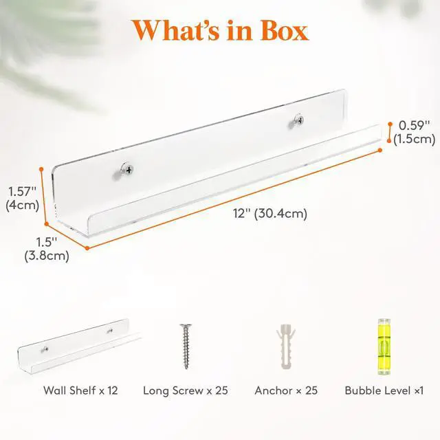 Alt view image 3 of 7 - Narrow Acrylic Floating Shelves for Vinyl Record 12", Clear 12 Pack Wall Shelf for Nail Polish, Book, Picture, Makeup, Album Covers Display Organizer for Bedroom, Living Room, Bathroom Decor