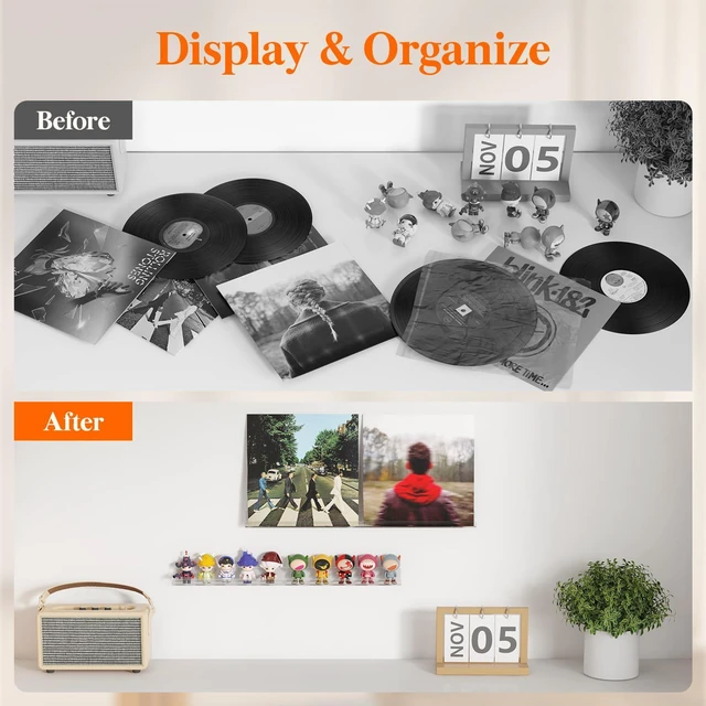 Alt view image 4 of 7 - Narrow Acrylic Floating Shelves for Vinyl Record 12", Clear 12 Pack Wall Shelf for Nail Polish, Book, Picture, Makeup, Album Covers Display Organizer for Bedroom, Living Room, Bathroom Decor