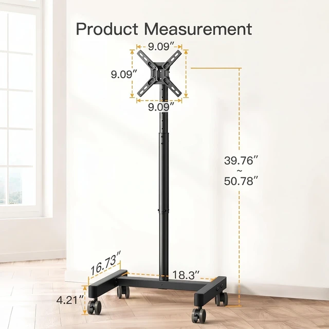 Alt view image 4 of 7 - Rolling TV Stand, Mobile TV Stand on Wheels for 13-50 inch TVs with Height Adjustment & 30° Tilt, Portable TV Cart with Wheels Holds 44lbs, Max VESA 200x200mm