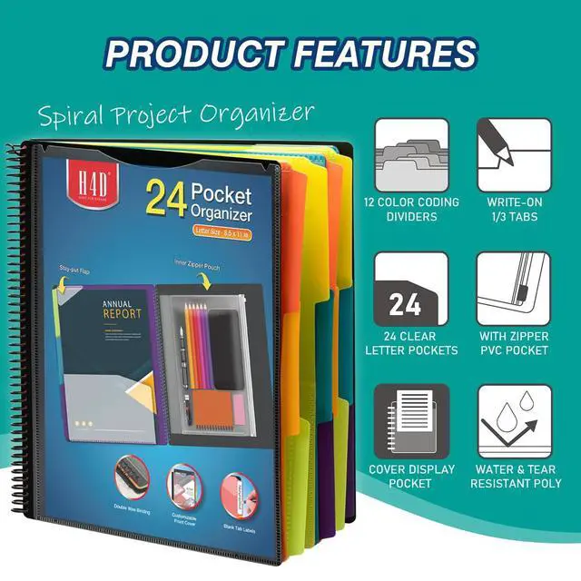 Alt view image 2 of 7 - 24 Pocket Poly Project Organizer, Multi Pocket Folder, Primary Colors Spiral, Multi-Subject, Letter Size