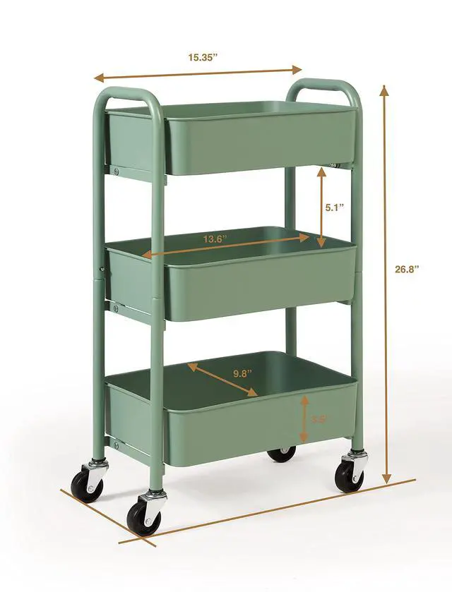 Alt view image 6 of 6 - 3-Tier Delicate Compact Rolling Metal Storage Organizer - Mobile Utility Cart Kitchen/Under Desk Cart with Caster Wheels - Turq (15.35" X 10.24" X 26.8"H)