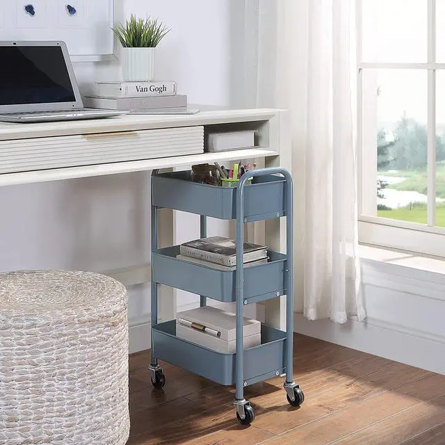 Alt view image 2 of 6 - 3-Tier Delicate Compact Rolling Metal Storage Organizer - Mobile Utility Cart Kitchen/Under Desk Cart with Caster Wheels - Blue (15.35" X 10.24" X 26.8"H)