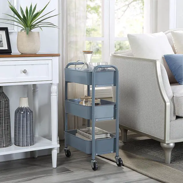 Alt view image 3 of 6 - 3-Tier Delicate Compact Rolling Metal Storage Organizer - Mobile Utility Cart Kitchen/Under Desk Cart with Caster Wheels - Blue (15.35" X 10.24" X 26.8"H)
