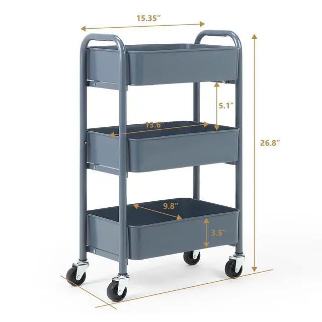 Alt view image 6 of 6 - 3-Tier Delicate Compact Rolling Metal Storage Organizer - Mobile Utility Cart Kitchen/Under Desk Cart with Caster Wheels - Blue (15.35" X 10.24" X 26.8"H)