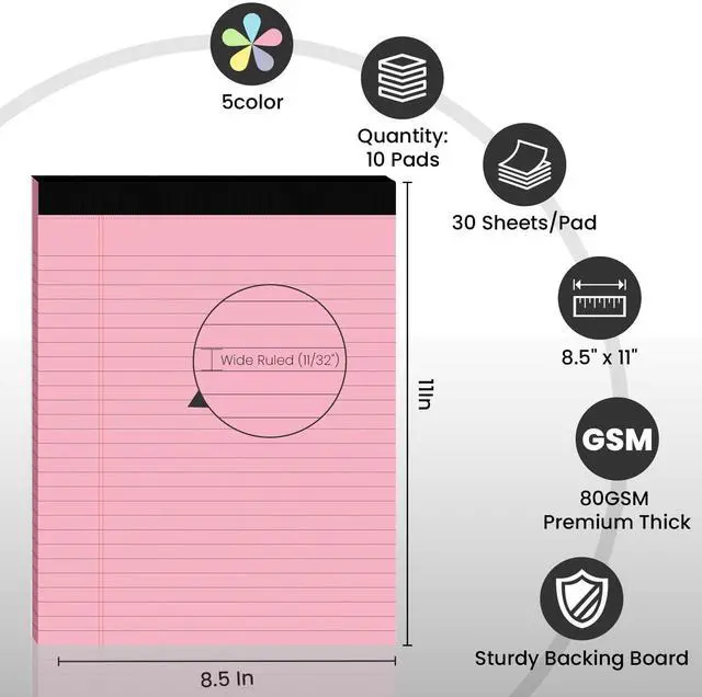 Alt view image 2 of 6 - 10pcs Legal Pads 8.5 x 11, Color Notepads 8.5 x 11 In, Perforate Wide Ruled 30 Sheets/Pack, Colored Note Pads Clear Print Writing Pads of Paper, Legal Notepads Paper, Sturdy Back, Thick Paper