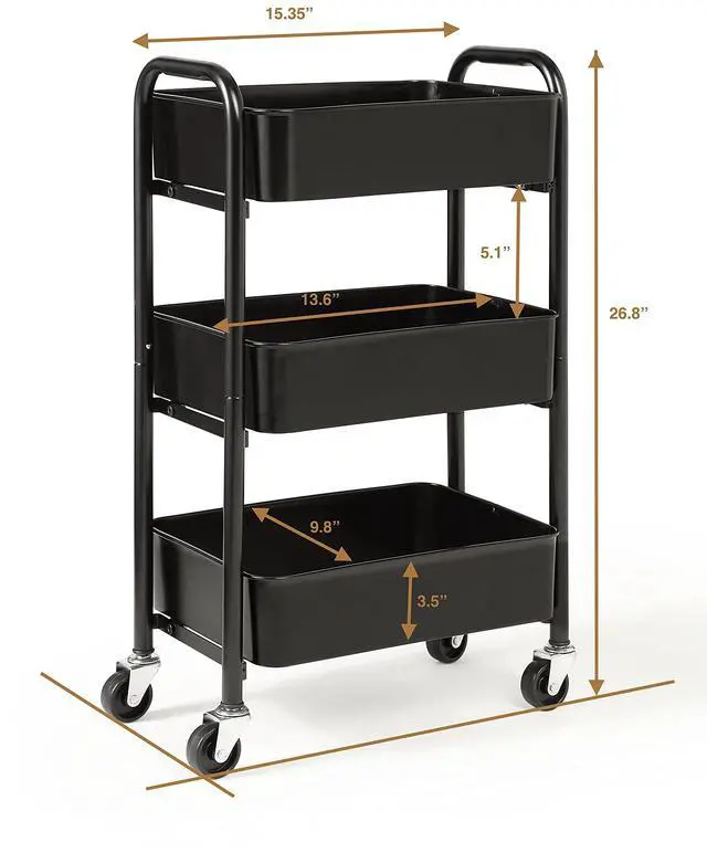 Alt view image 6 of 6 - 3-Tier Delicate Compact Rolling Metal Storage Organizer - Mobile Utility Cart Kitchen/Under Desk Cart with Caster Wheels - BLK (15.35" X 10.24" X 26.8"H)