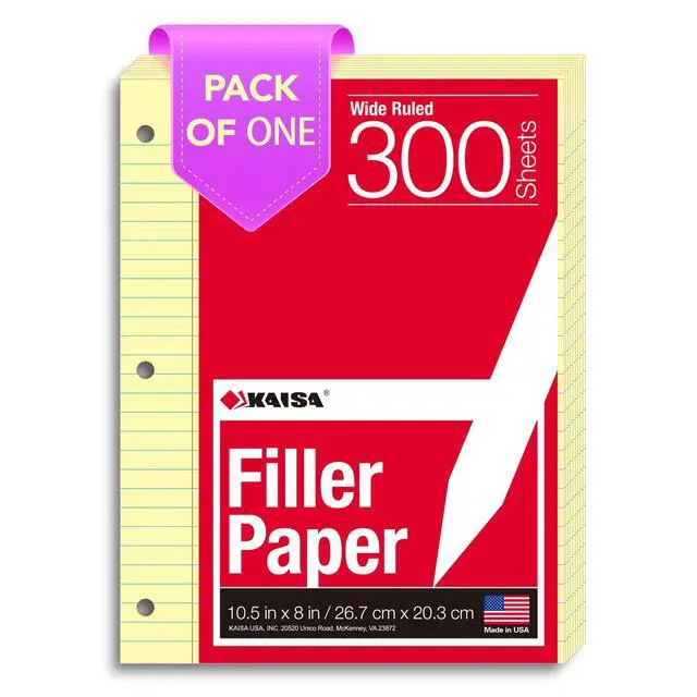 Main image of Loose Leaf Notebook Paper, Wide Ruled, 300 Sheets Per Lined Paper, 8" x 10.5", 3 Hole Punched for 3 Ring Binder, Canary, Made In USA