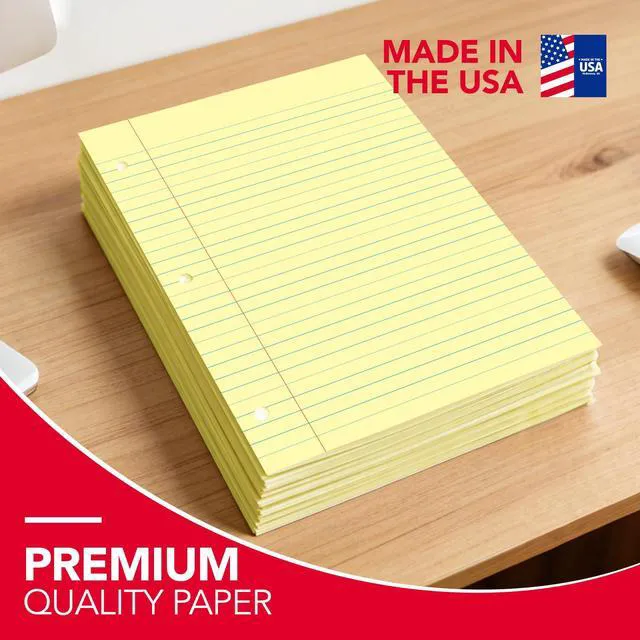 Alt view image 2 of 7 - Loose Leaf Notebook Paper, Wide Ruled, 300 Sheets Per Lined Paper, 8" x 10.5", 3 Hole Punched for 3 Ring Binder, Canary, Made In USA