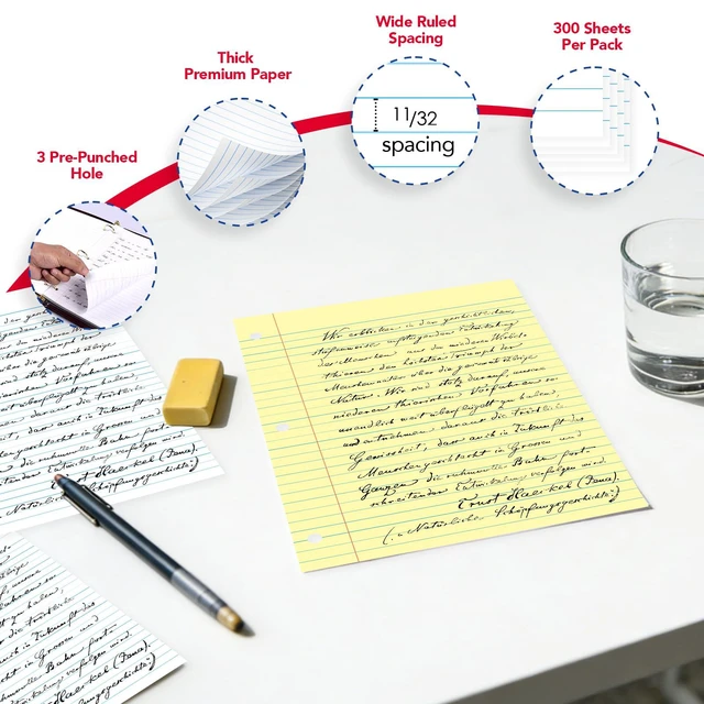 Alt view image 4 of 7 - Loose Leaf Notebook Paper, Wide Ruled, 300 Sheets Per Lined Paper, 8" x 10.5", 3 Hole Punched for 3 Ring Binder, Canary, Made In USA