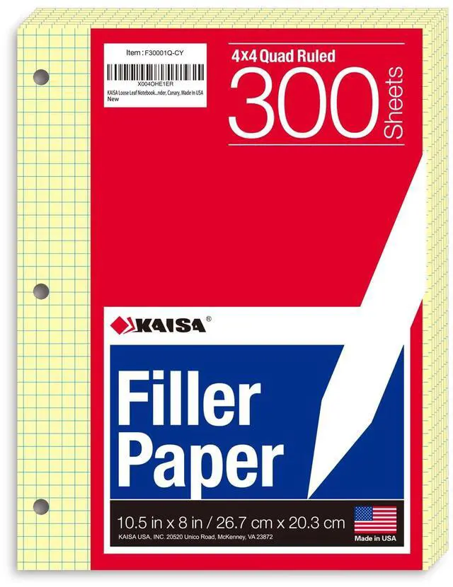 Main image of Loose Leaf Notebook Paper, 4x4 Quad Graph Ruled, 300 Sheets Per Lined Paper, 8" x 10.5", 3 Hole Punched for 3 Ring Binder, Canary, Made In USA
