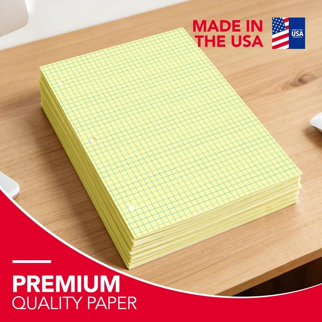 Alt view image 2 of 7 - Loose Leaf Notebook Paper, 4x4 Quad Graph Ruled, 300 Sheets Per Lined Paper, 8" x 10.5", 3 Hole Punched for 3 Ring Binder, Canary, Made In USA