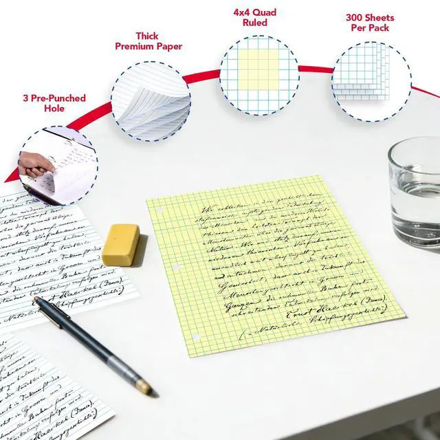 Alt view image 3 of 7 - Loose Leaf Notebook Paper, 4x4 Quad Graph Ruled, 300 Sheets Per Lined Paper, 8" x 10.5", 3 Hole Punched for 3 Ring Binder, Canary, Made In USA