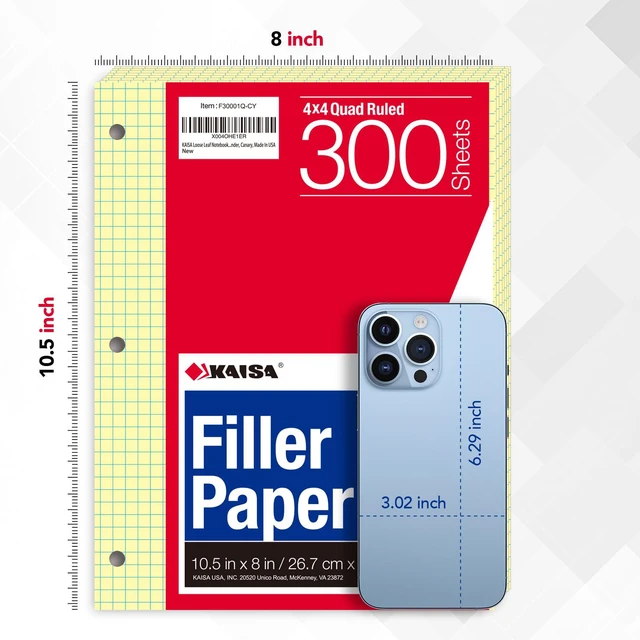 Alt view image 4 of 7 - Loose Leaf Notebook Paper, 4x4 Quad Graph Ruled, 300 Sheets Per Lined Paper, 8" x 10.5", 3 Hole Punched for 3 Ring Binder, Canary, Made In USA