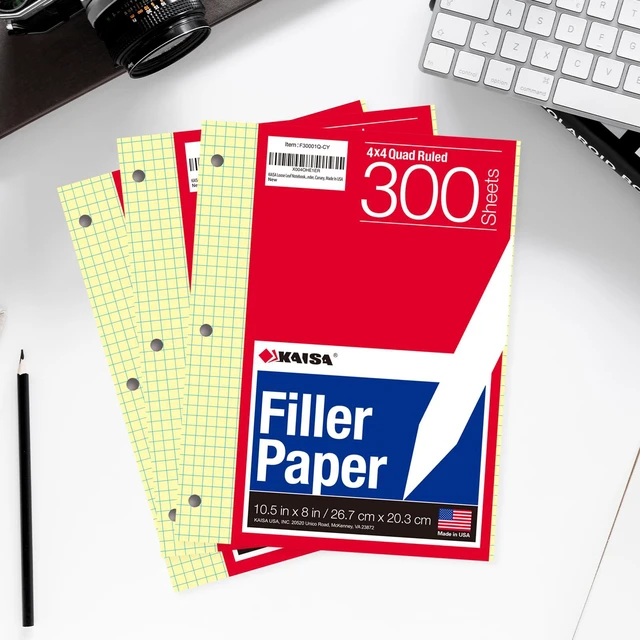 Alt view image 6 of 7 - Loose Leaf Notebook Paper, 4x4 Quad Graph Ruled, 300 Sheets Per Lined Paper, 8" x 10.5", 3 Hole Punched for 3 Ring Binder, Canary, Made In USA