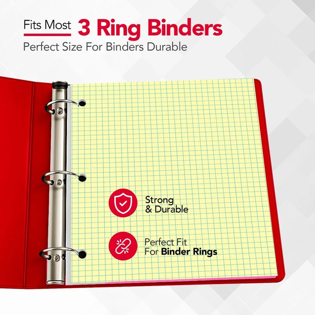 Alt view image 7 of 7 - Loose Leaf Notebook Paper, 4x4 Quad Graph Ruled, 300 Sheets Per Lined Paper, 8" x 10.5", 3 Hole Punched for 3 Ring Binder, Canary, Made In USA