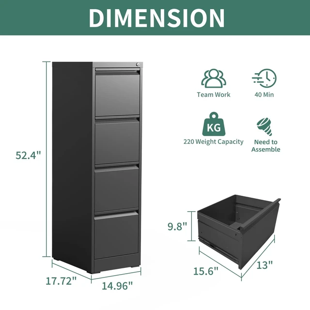 Alt view image 3 of 6 - 4 Drawer File Cabinet with Lock,Metal File Cabinet for Home Office Black Vertical Filing Cabinets Heavy Duty Office Storage Cabinets for Letter/Legal/A4/F4 Size File, Assembly Required