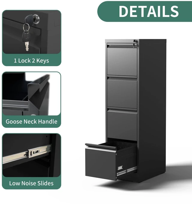 Alt view image 5 of 6 - 4 Drawer File Cabinet with Lock,Metal File Cabinet for Home Office Black Vertical Filing Cabinets Heavy Duty Office Storage Cabinets for Letter/Legal/A4/F4 Size File, Assembly Required