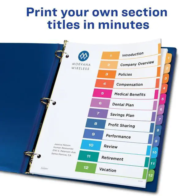 Alt view image 2 of 7 - 12 Tab Dividers for 3 Ring Binders, Customizable Table of Contents, Multicolor Tabs, 6 Sets (11196) (Pack of 6)