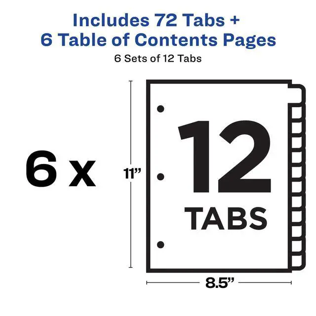 Alt view image 4 of 7 - 12 Tab Dividers for 3 Ring Binders, Customizable Table of Contents, Multicolor Tabs, 6 Sets (11196) (Pack of 6)
