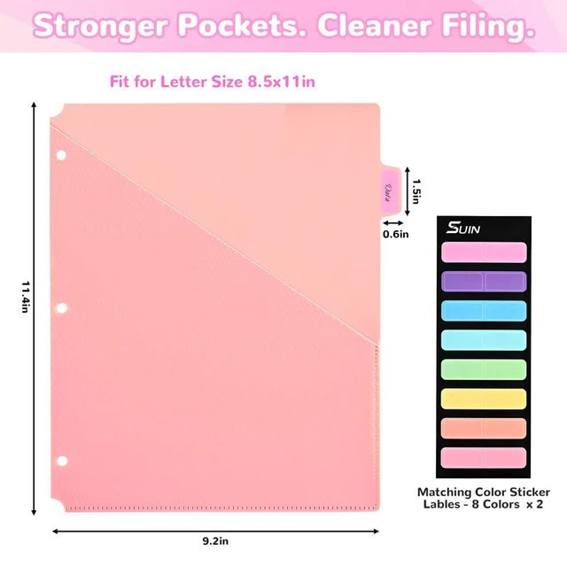 Alt view image 2 of 7 - 8 Tab Binder Dividers with Pockets - Heavy Duty Plastic Dividers for 3 Ring Binder, Letter Size Poly Page Separators with Tabs & Label Stickers, Diamond Texture, 8 Pastel Colors (12)
