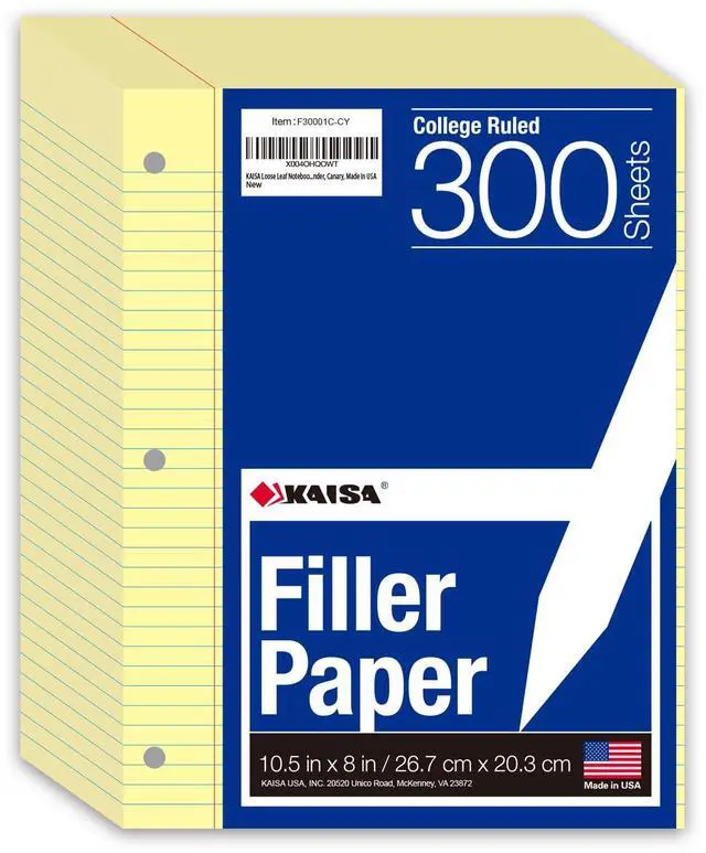 Main image of Loose Leaf Notebook Paper, College Ruled, 300 Sheets Per Lined Paper, 8" x 10.5", 3 Hole Punched for 3 Ring Binder, Canary, Made In USA