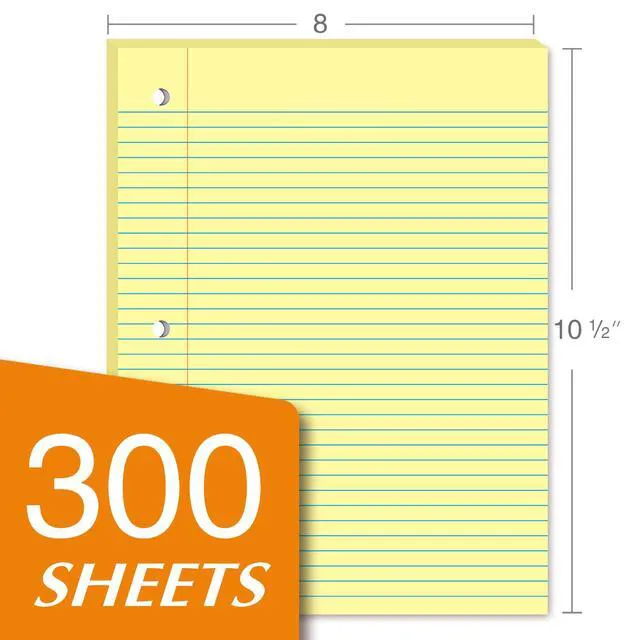 Alt view image 2 of 6 - Loose Leaf Notebook Paper, College Ruled, 300 Sheets Per Lined Paper, 8" x 10.5", 3 Hole Punched for 3 Ring Binder, Canary, Made In USA