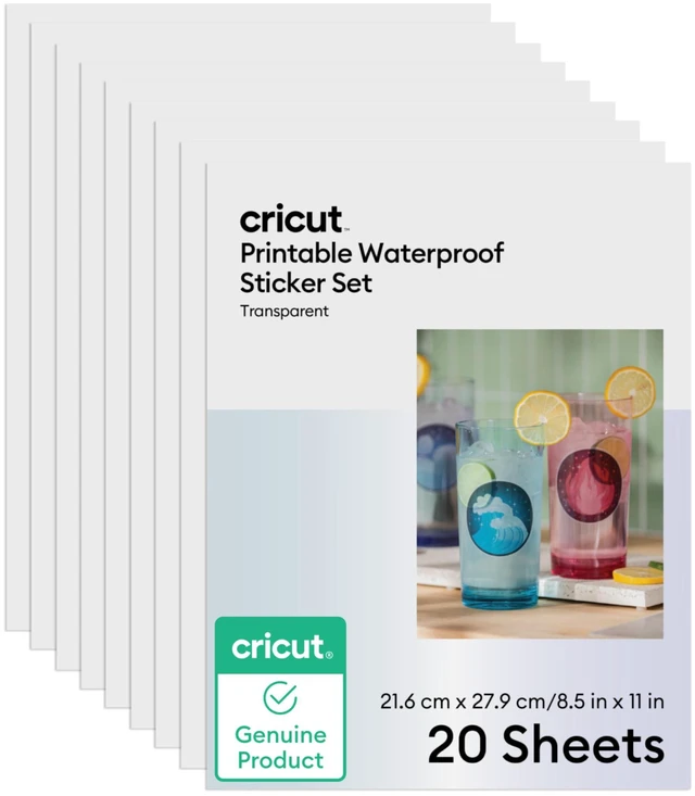 Main image of Waterproof Clear Sticker Paper (20 Transparent Sheets, 8.5x11) Printable Stickers For Inkjet Printers - Works with Joy Xtra, Explore, & Maker Machines