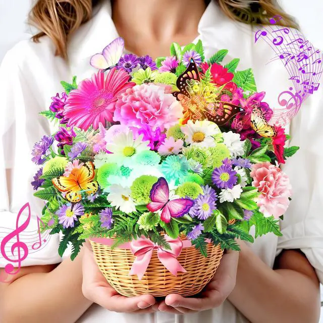 Main image of Birthday Cards with Light & Music, 3D Pop Up Happy Birthday Card for Women Daisy and Butterfly,10 Inch Bouquet Card, Birthday Gift Card for Wife Mom Daughter Sister (Blank Notecard & Envelope)