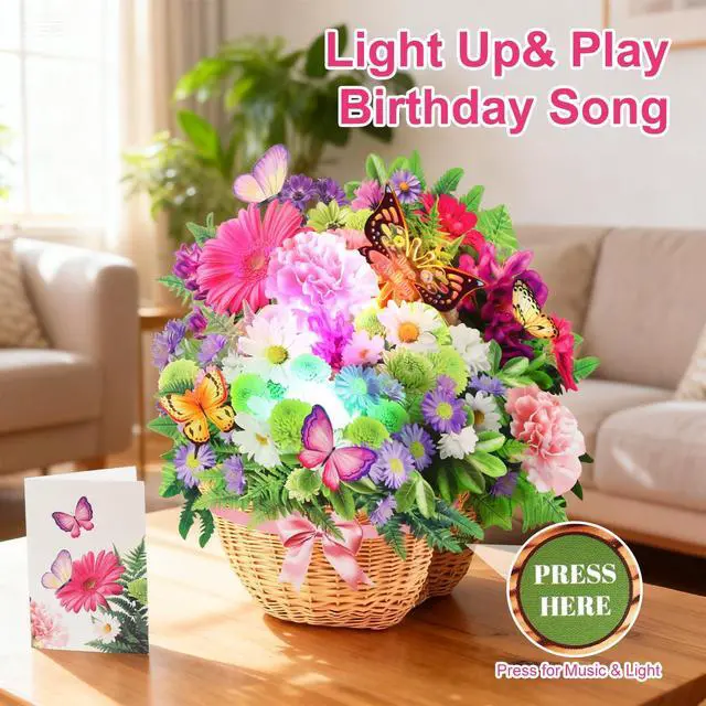 Alt view image 2 of 6 - Birthday Cards with Light & Music, 3D Pop Up Happy Birthday Card for Women Daisy and Butterfly,10 Inch Bouquet Card, Birthday Gift Card for Wife Mom Daughter Sister (Blank Notecard & Envelope)