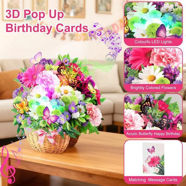 Alt view image 4 of 6 - Birthday Cards with Light & Music, 3D Pop Up Happy Birthday Card for Women Daisy and Butterfly,10 Inch Bouquet Card, Birthday Gift Card for Wife Mom Daughter Sister (Blank Notecard & Envelope)