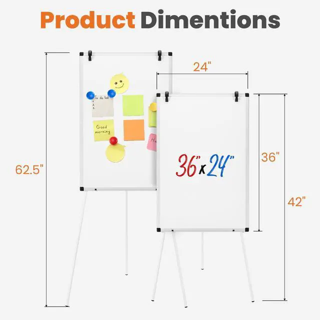 Alt view image 2 of 7 - 36" x 24" Magnetic White Board with Stand, Standing Dry Erase Board, Whiteboard with 1 Dry Eraser & 2 Multicolor Markers & 4 Magnetic Pins, Aluminium Frame for Home, School, Office, White