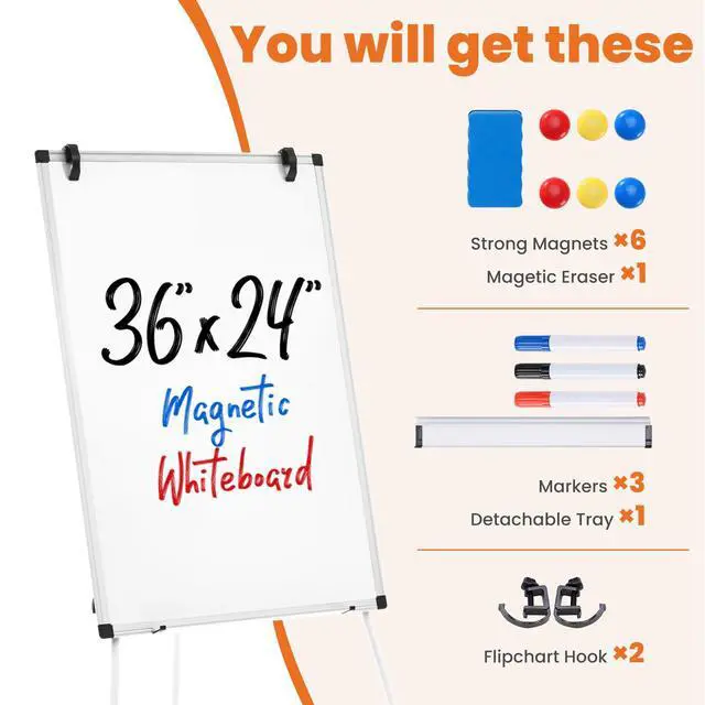 Alt view image 4 of 7 - 36" x 24" Magnetic White Board with Stand, Standing Dry Erase Board, Whiteboard with 1 Dry Eraser & 2 Multicolor Markers & 4 Magnetic Pins, Aluminium Frame for Home, School, Office, White