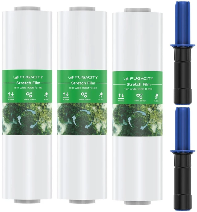 Main image of Stretch Warp Film- 3 Pack Heavy Duty Shrink Wrap Roll with Handles 15" x 1000 Feet, 60 Gauge Industrial Strength for Pallet Wrap, Furniture Wrapping Moving & Protection
