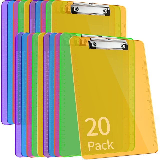 Main image of Plastic Clipboards 20 Pack A4/Letter Size (8.5x11 Inch) - Transparent Colored Writing Boards with Low-Profile Clips & Hanging Loops, Lightweight & Sturdy for Office, School, Art Projects