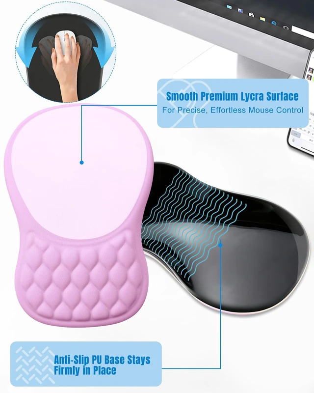 Alt view image 5 of 7 - Ergonomic Mouse Pad with Sloped Memory Foam Wrist Rest 3D Textured Wrist Cushion, Smooth Lycra Surface, Non-Slip PU Base, Comfortable Support for Office/Home Computer Desks