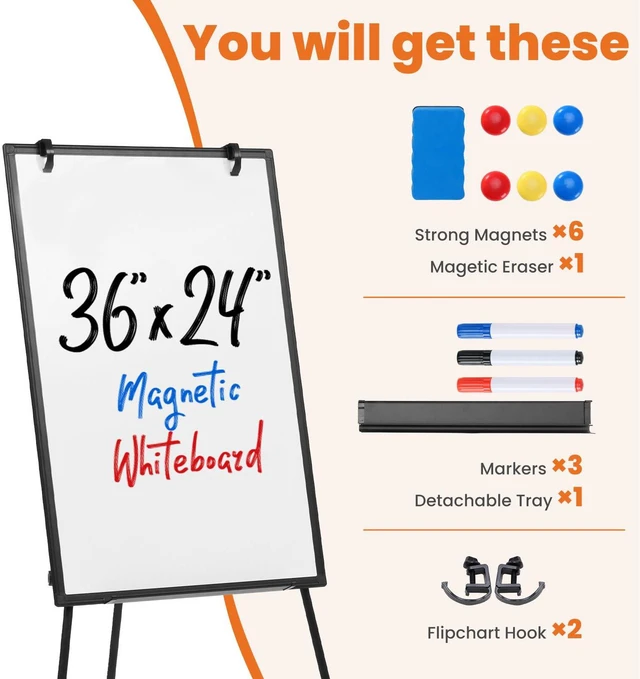 Alt view image 4 of 7 - 36" x 24" Magnetic White Board with Stand, Standing Dry Erase Board, Whiteboard with 1 Dry Eraser & 2 Multicolor Markers & 4 Magnetic Pins, Aluminium Frame for Home, School, Office, Black