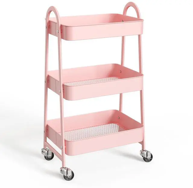 Main image of 3-Shelf Metal Rolling Storage Utility Cart with Lockable Wheels Mobile Organizer Shelf, Space-Saving, Freestanding, Bathroom, Living Room, Slim, Narrow Corner Spaces, Pink