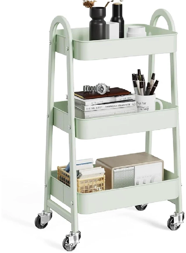 Main image of Metal 3 Tiers Rolling Storage Utility Cart with Lockable Wheels Mobile Organizer Shelf, Space-Saving, Freestanding, Bathroom, Living Room, Slim, Narrow Corner Spaces, Pale Green