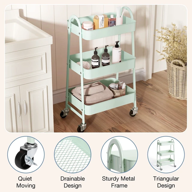 Alt view image 2 of 7 - Metal 3 Tiers Rolling Storage Utility Cart with Lockable Wheels Mobile Organizer Shelf, Space-Saving, Freestanding, Bathroom, Living Room, Slim, Narrow Corner Spaces, Pale Green