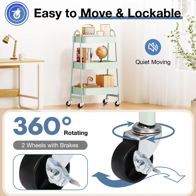 Alt view image 3 of 7 - Metal 3 Tiers Rolling Storage Utility Cart with Lockable Wheels Mobile Organizer Shelf, Space-Saving, Freestanding, Bathroom, Living Room, Slim, Narrow Corner Spaces, Pale Green