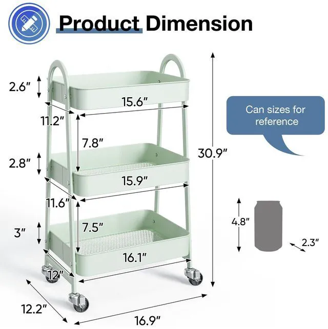 Alt view image 4 of 7 - Metal 3 Tiers Rolling Storage Utility Cart with Lockable Wheels Mobile Organizer Shelf, Space-Saving, Freestanding, Bathroom, Living Room, Slim, Narrow Corner Spaces, Pale Green