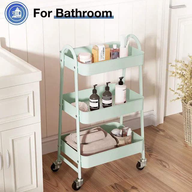 Alt view image 5 of 7 - Metal 3 Tiers Rolling Storage Utility Cart with Lockable Wheels Mobile Organizer Shelf, Space-Saving, Freestanding, Bathroom, Living Room, Slim, Narrow Corner Spaces, Pale Green